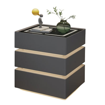Noptiera inteligenta multifuncționala, 3 sertare, LEDuri tactile, încarcare fara fir, difuzor Bluetooth, incarcare USB, sticla securizata, marime 50x40x72, gri