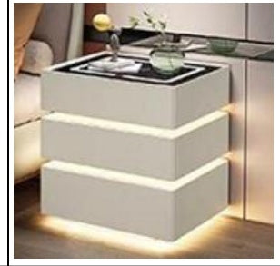 Noptiera inteligenta multifuncționala, 3 sertare, LEDuri tactile, încarcare fara fir, difuzor Bluetooth, incarcare USB, sticla securizata, marime 50x40x72, alb murdar