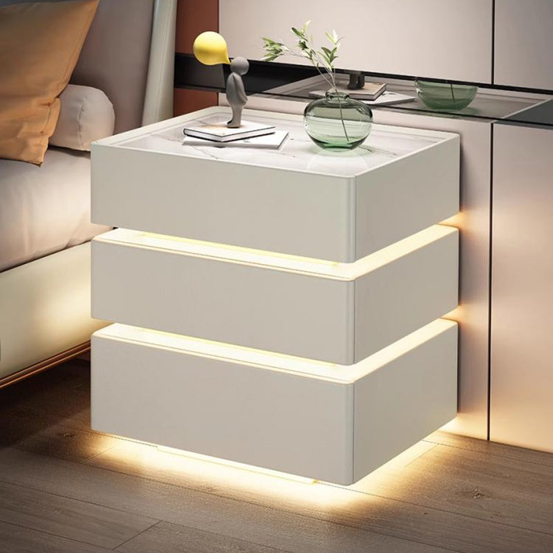 Noptiera inteligenta multifuncționala, 3 sertare, LEDuri tactile, încarcare fara fir, difuzor Bluetooth, incarcare USB, sticla securizata, marime 50x40x72, alb murdar