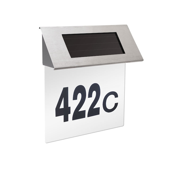 Numar de casa, iluminat, cu incarcare solara, carcasa din inox, cu 4 LED-uri albe, cu senzor de lumina, negru