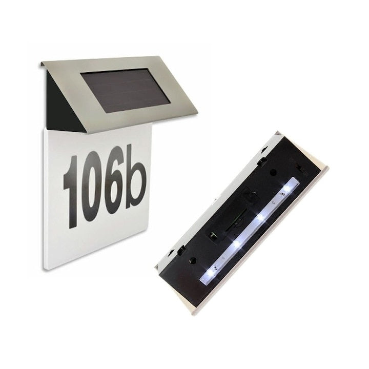 Numar de casa, iluminat, cu incarcare solara, carcasa din inox, cu 4 LED-uri albe, cu senzor de lumina, negru