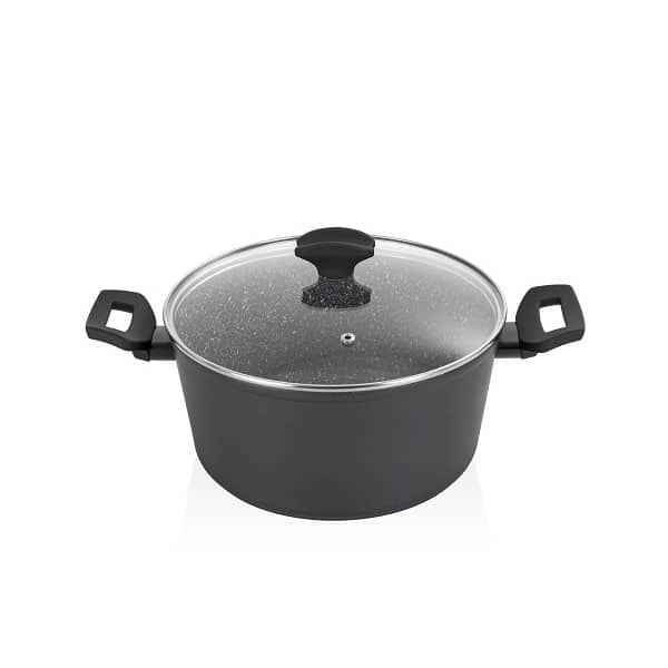 Oala aluminiu 24 cm cu capac sticla termorezistenta si interior granit 4L