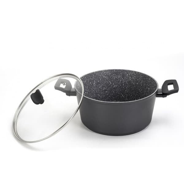 Oala aluminiu 24 cm cu capac sticla termorezistenta si interior granit 4L