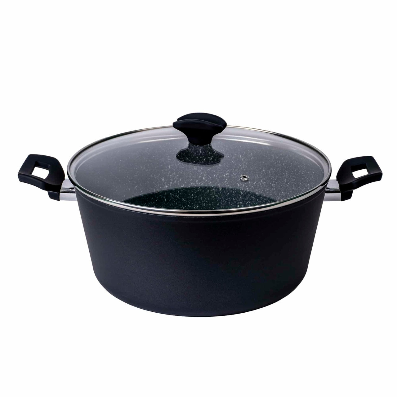 Oala aluminiu cu capac sticla, 28 cm, interior granit, 6L, compatibila cu inductie