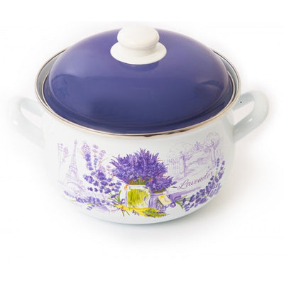 Oala emailata cu capac, diametru 22 cm, capacitate 3.80L, compatibila cu masina de spalat vase, se poate folosi si in cuptor, alb/mov
