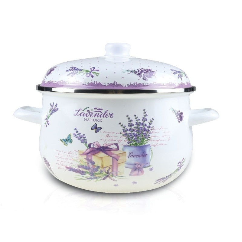 Oala emailata cu capac, diametru 22 cm, inaltime 12cm, capacitate 3.90L, compatibila cu masina de spalat vase, alb/mov