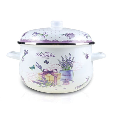 Oala emailata cu capac, diametru 26 cm, inaltime 16cm, capacitate 6.50L, compatibila cu masina de spalat vase, alb/mov
