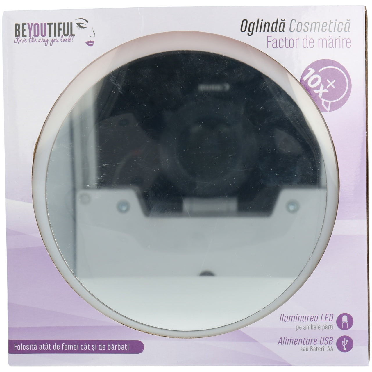 Oglinda Beyoutiful cu iluminare LED pe ambele fete, Roz,5 factor de marire,depozitare cosmetice,alimentare USB sau baterii AA, culoare roz