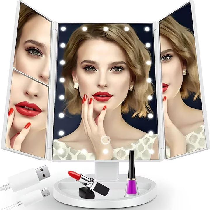 Oglinda pentru machiaj, cu marire 2x 3x, cu 22 de LEDuri, alimentare USB sau cu baterii, rotativa, alb