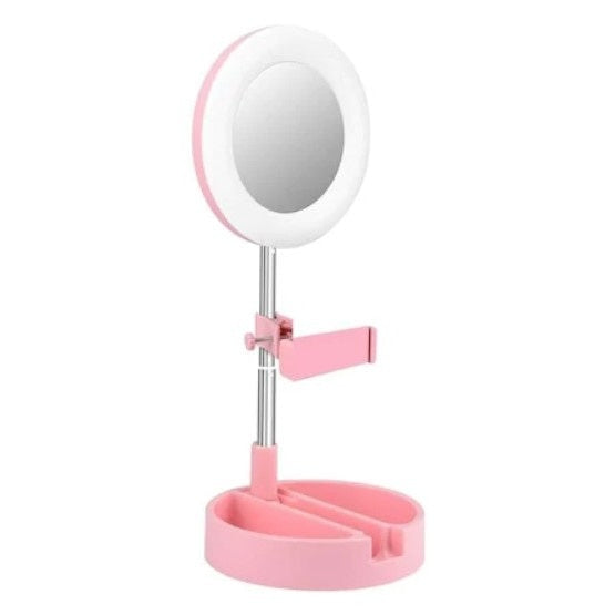 Oglinda rotunda FOXMAG24 pentru machiaj, cu suport pentru telefon si accesorii, inaltime 28 cm, roz