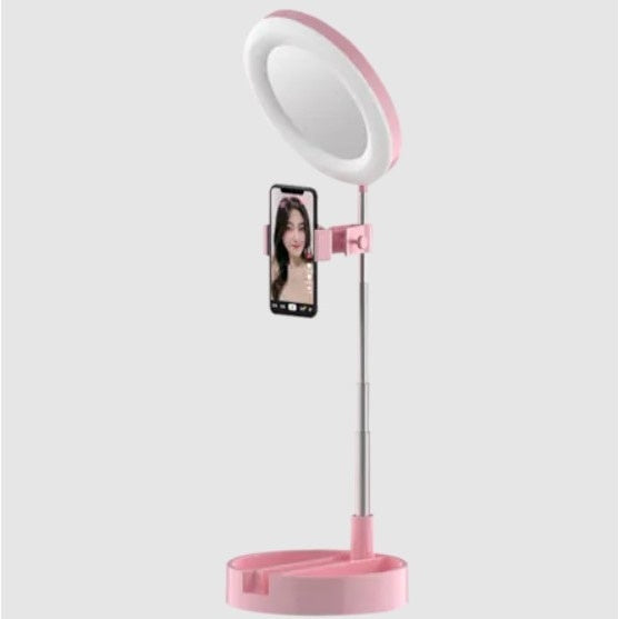 Oglinda rotunda FOXMAG24 pentru machiaj, cu suport pentru telefon si accesorii, inaltime 28 cm, roz