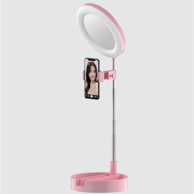 Oglinda rotunda FOXMAG24 pentru machiaj, cu suport pentru telefon si accesorii, inaltime 28 cm, roz