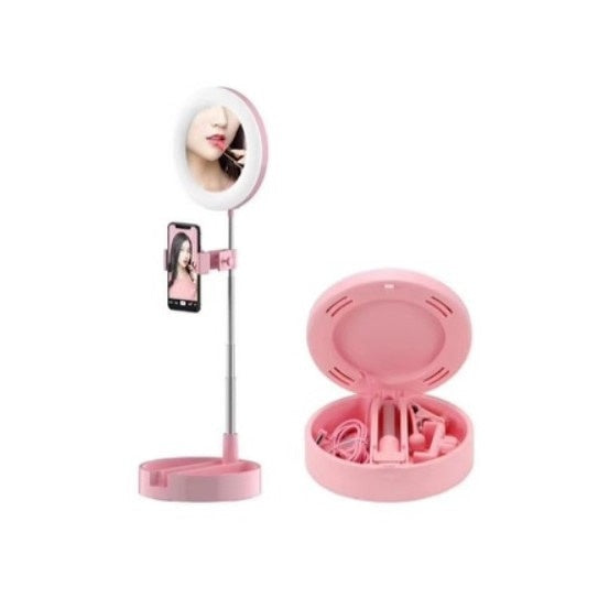 Oglinda rotunda FOXMAG24 pentru machiaj, cu suport pentru telefon si accesorii, inaltime 28 cm, roz