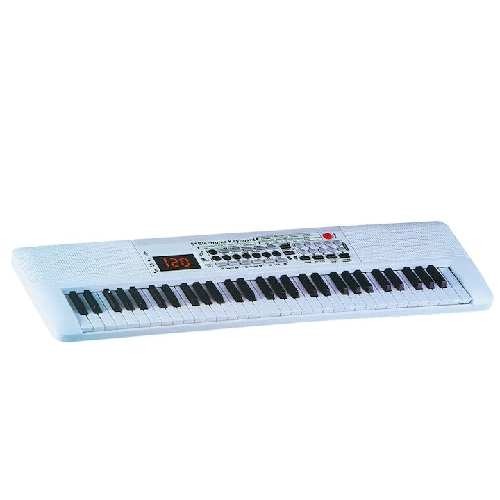 Orga cu baterii si microfon, cu 61 de clape, 100 ritmuri, 100 tonuri, 61 percutii, 12 melodii demonstrative, reglare volum, control tempo, inregistrare si redare melodii, alb