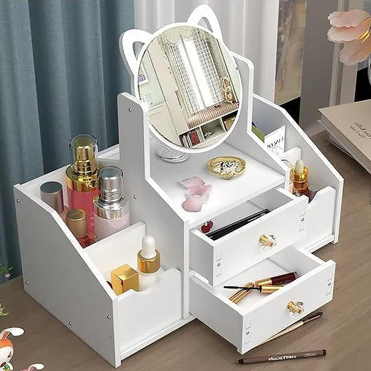 Organizator cosmetice, cu sertar si oglinda, cu 4 compartimente, din plastic si ABS, impermeabil, alb