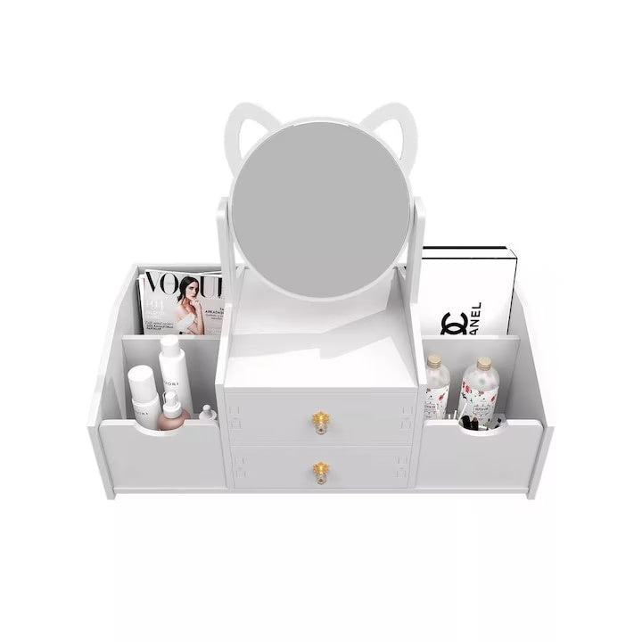 Organizator cosmetice, cu sertar si oglinda, cu 4 compartimente, din plastic si ABS, impermeabil, alb