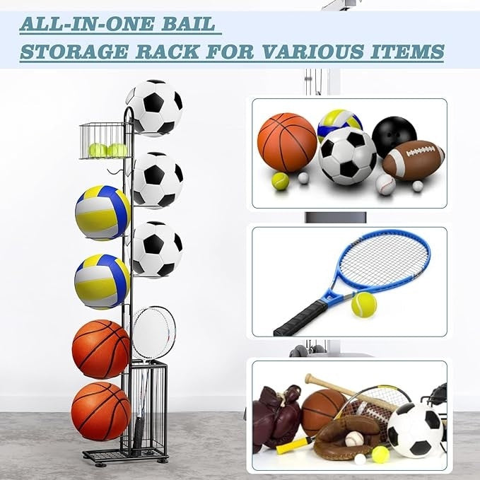 Organizator multifunctional din metal, pentru mingi, flori, umbrele, cu 7 niveluri, constructie robusta, picioare stabile, negru