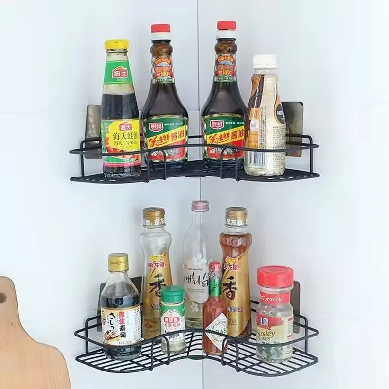 Organizator pentru baie si bucatarie, din metal, prindere ventuze cu lipici, rezistente la apa, negru