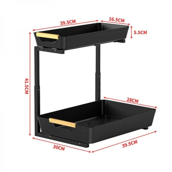 Organizator pentru bucatarie/baie, cu 2 rafturi retractabile, inaltime ajustabila, depozitare condimente/cafea, dimensiuni 39.5 (L) x 30 (l) x 41.5 (H) cm, negru