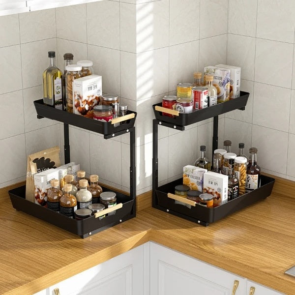 Organizator pentru bucatarie/baie, cu 2 rafturi retractabile, inaltime ajustabila, depozitare condimente/cafea, dimensiuni 39.5 (L) x 30 (l) x 41.5 (H) cm, negru