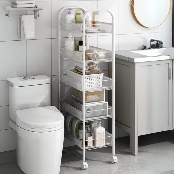 Organizator pentru bucatarie/baie, rotativ 360°, slim, portabil, cu 5 rafturi, structura solida, dimensiuni 45 (L) x 27 (l) x 105 (H) cm, alb