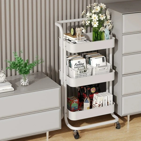 Organizator pentru bucatarie/baie, slim, portabil, cu 3 rafturi, structura solida, din metal, dimensiuni 45 (L) x 37 (l) x 82 (H) cm, alb