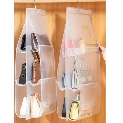 Organizator pentru genti, din material textil, suspendat, cu agatatoare, cu 6 compartimente, dimensiuni 35 x 30 x 93 cm, alb