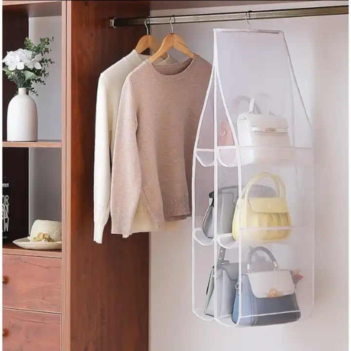 Organizator pentru genti, din material textil, suspendat, cu agatatoare, cu 6 compartimente, dimensiuni 35 x 30 x 93 cm, alb