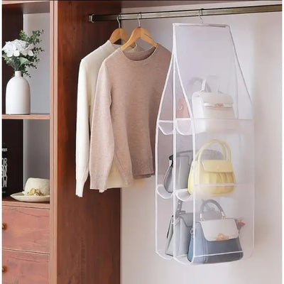 Organizator pentru genti, din material textil, suspendat, cu agatatoare, cu 6 compartimente, dimensiuni 35 x 30 x 93 cm, alb