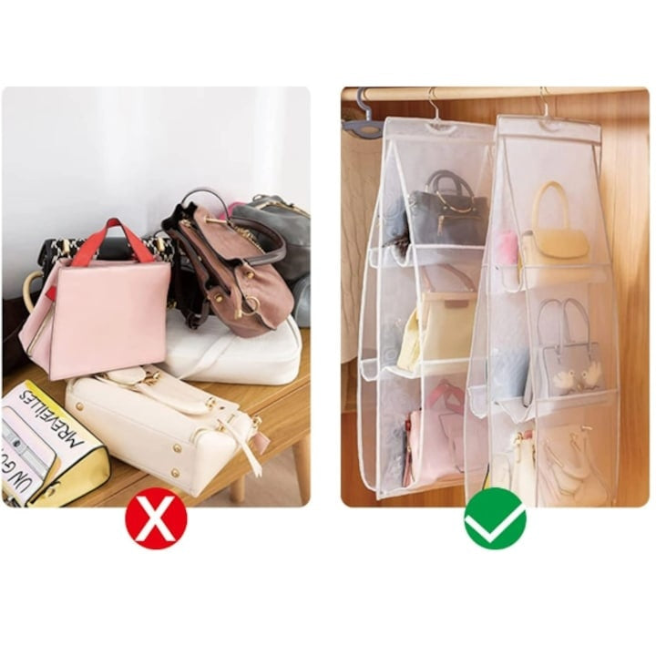Organizator pentru genti, din material textil, suspendat, cu agatatoare, cu 6 compartimente, dimensiuni 35 x 30 x 93 cm, alb
