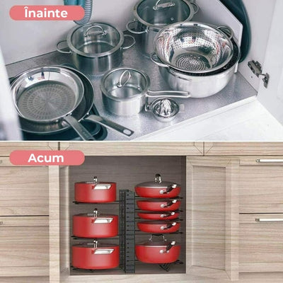 Organizator pentru oale si tigai, din metal, ajustabil si demontabil, cu 8 compartimente, pliabil, dimensiunie 38x53x21 cm, negru
