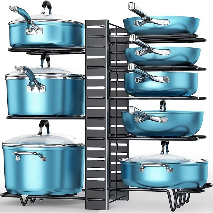 Organizator pentru oale si tigai, din metal, ajustabil si demontabil, cu 8 compartimente, pliabil, dimensiunie 38x53x21 cm, negru