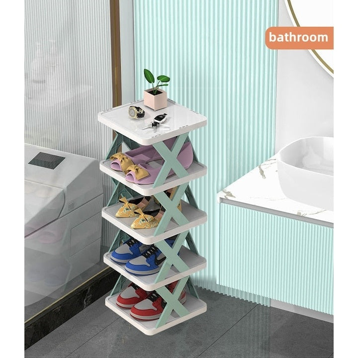 Organizator pentru pantofi, cu 5 polite, din ABS, dimensiuni 26 x 24 x 80 cm, modular, usor de asamblat, alb/verde