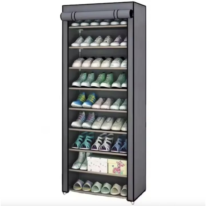 Organizator pentru pantofi, cu 9 niveluri, din metal si textil, modular, multifunctional, pliabil, dimeniuni 58X30X158 cm, gri