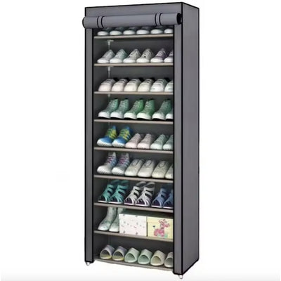 Organizator pentru pantofi, cu 9 niveluri, din metal si textil, modular, multifunctional, pliabil, dimeniuni 58X30X158 cm, gri