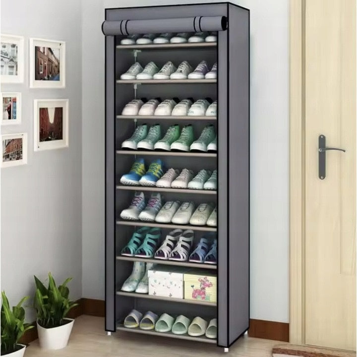 Organizator pentru pantofi, cu 9 niveluri, din metal si textil, modular, multifunctional, pliabil, dimeniuni 58X30X158 cm, gri