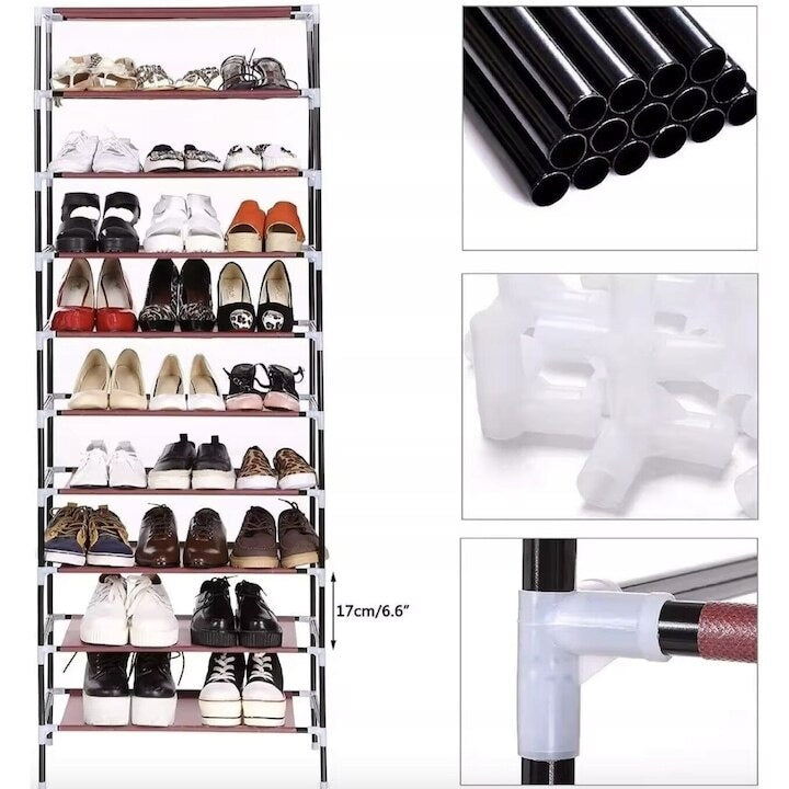 Organizator pentru pantofi, cu 9 niveluri, din metal si textil, modular, multifunctional, pliabil, dimeniuni 58X30X158 cm, gri