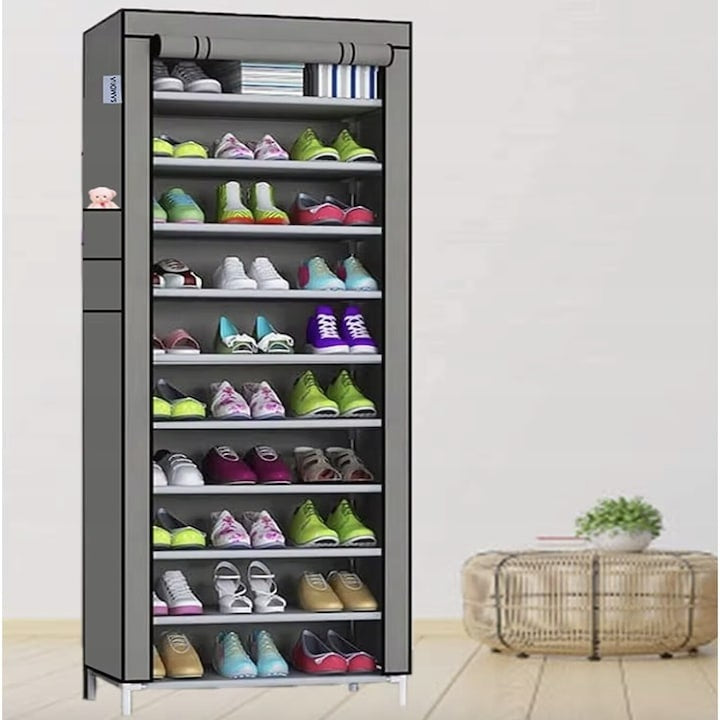 Organizator pentru pantofi, cu 9 niveluri, din metal si textil, modular, multifunctional, pliabil, dimeniuni 58X30X158 cm, gri
