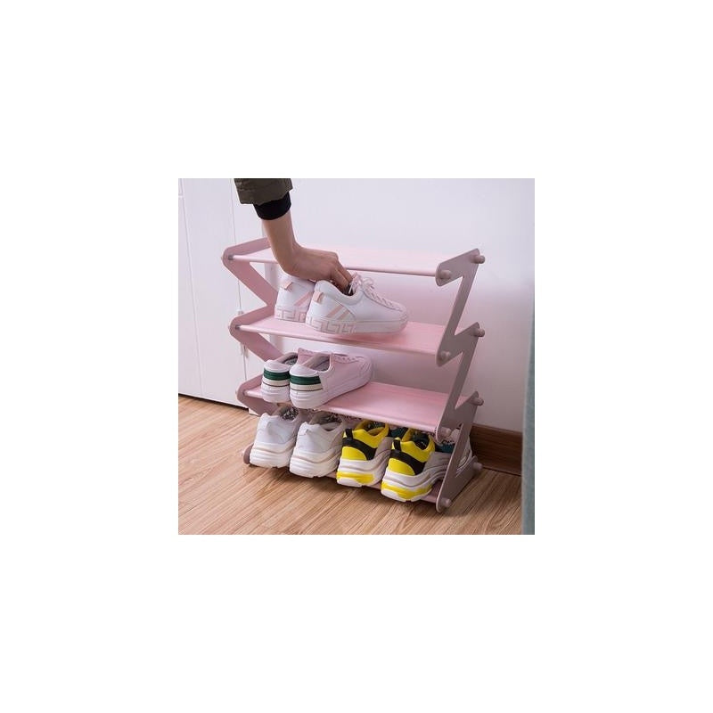 Organizator pentru pantofi, tip raft, in forma de Z, cu 4 rafturi, roz