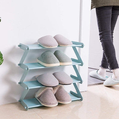 Organizator pentru pantofi, tip raft, in forma de Z, cu 4 rafturi, albastru