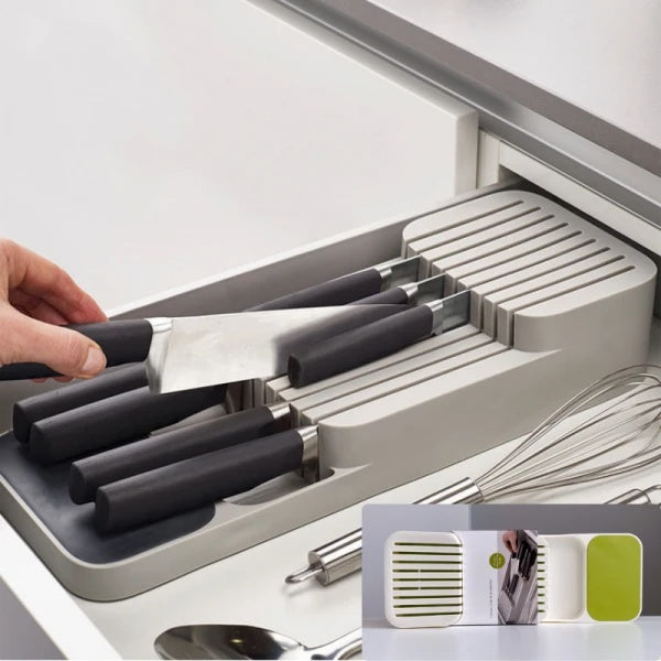 Organizator / suport pentru cutite, cu 2 nivele, pentru 18 cutite, design modern, nu ocupa mult spatiu, gri
