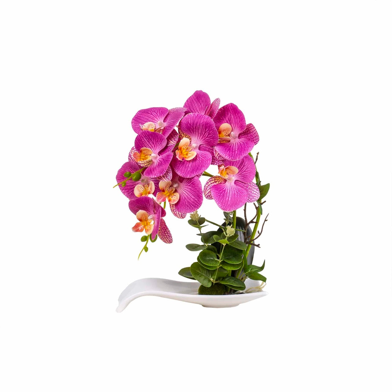 Orhidee artificiala cu aspect natural in ghiveci ceramic alb, H 33 cm