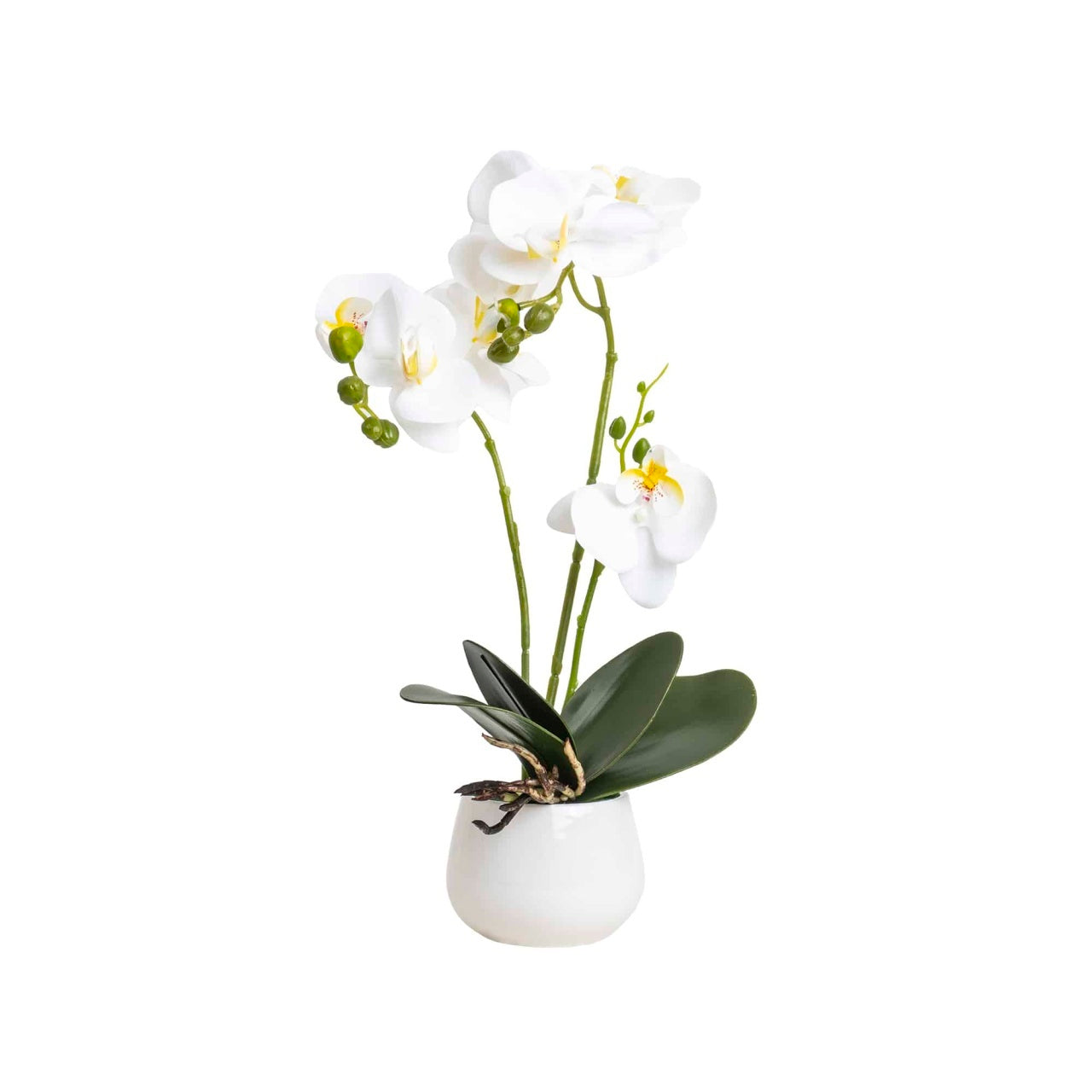 Orhidee artificiala in ghiveci ceramic alb, diametru 10 cm, inaltime 42 cm