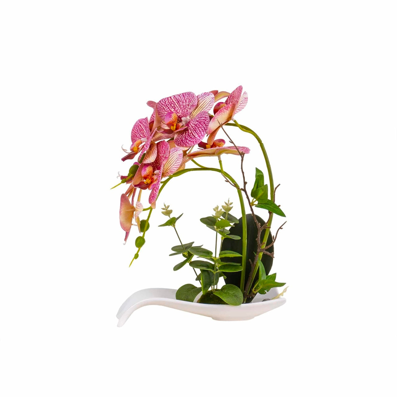 Orhidee artificiala in ghiveci ceramic alb, H 33 cm, cu aspect natural