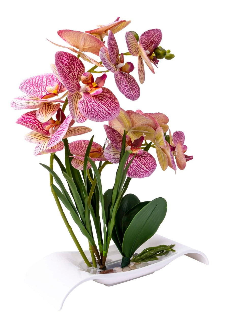 Orhidee artificiala in ghiveci ceramic alb, H 40 cm, aspect natural