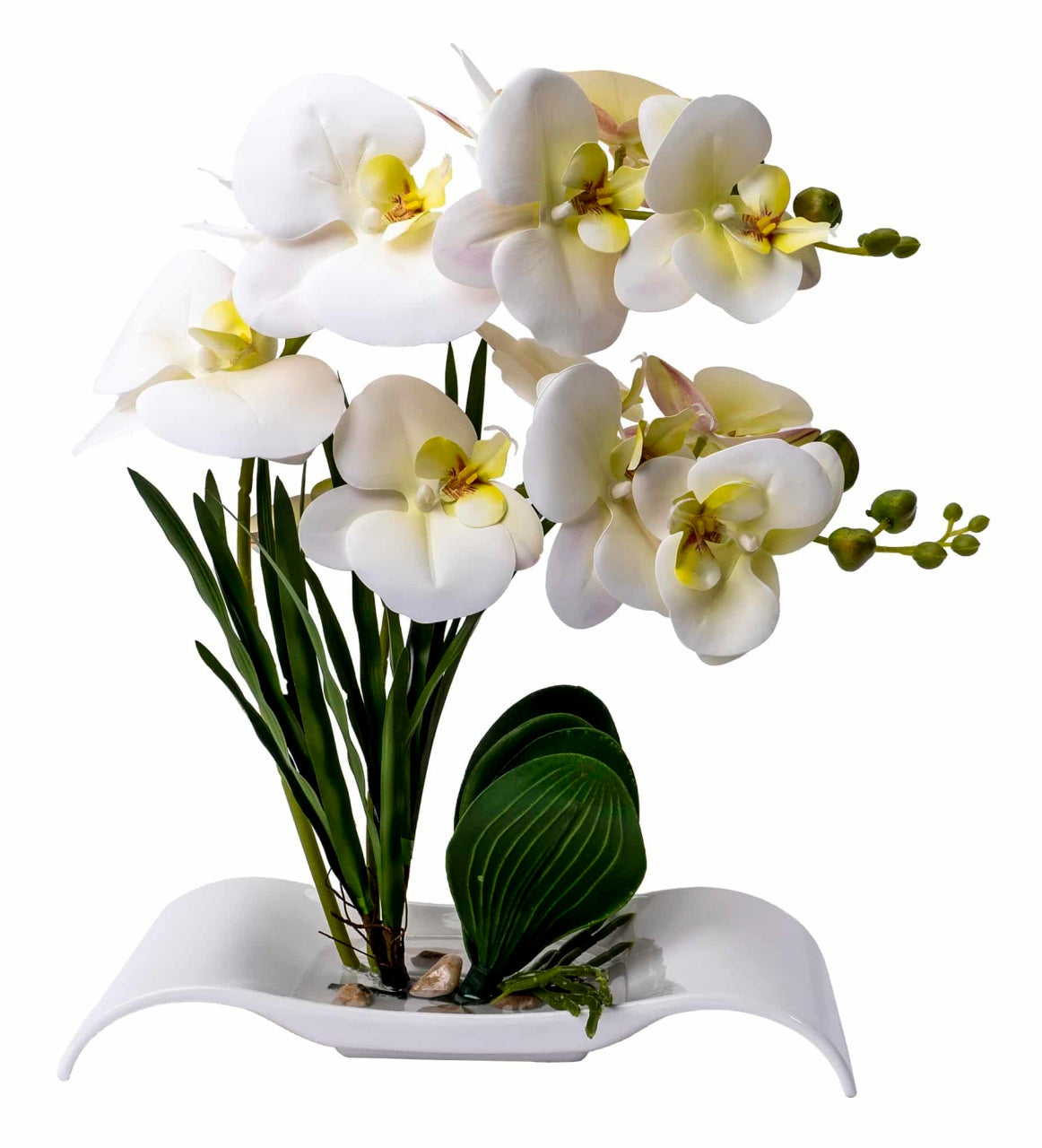 Orhidee artificiala in ghiveci ceramic alb, inaltime 40 cm, aspect natural