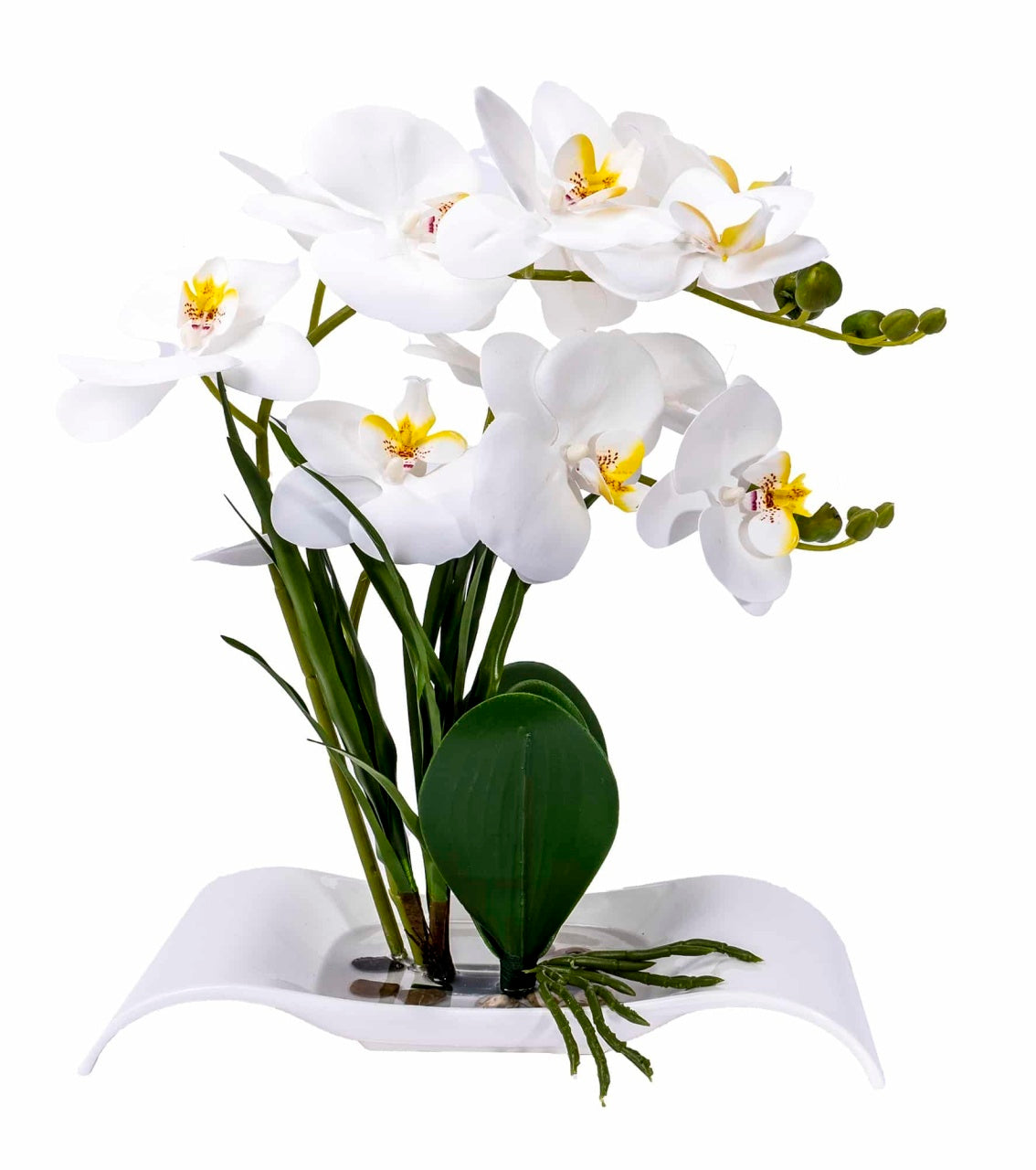Orhidee artificiala in ghiveci ceramic alb, inaltime 40 cm, aspect natural