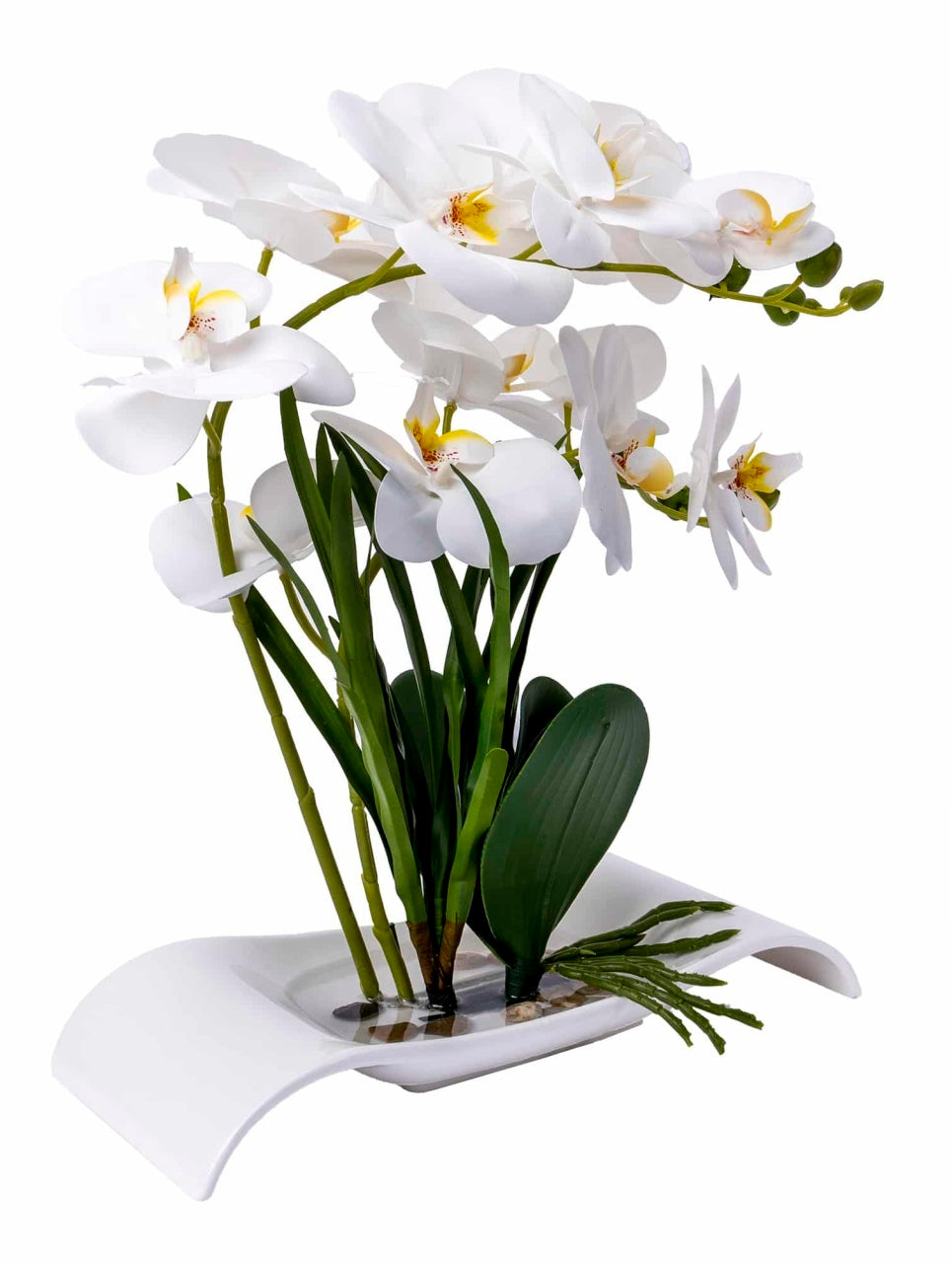Orhidee artificiala in ghiveci ceramic alb, inaltime 40 cm, aspect natural