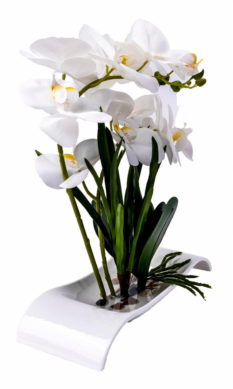 Orhidee artificiala in ghiveci ceramic alb, inaltime 40 cm, aspect natural