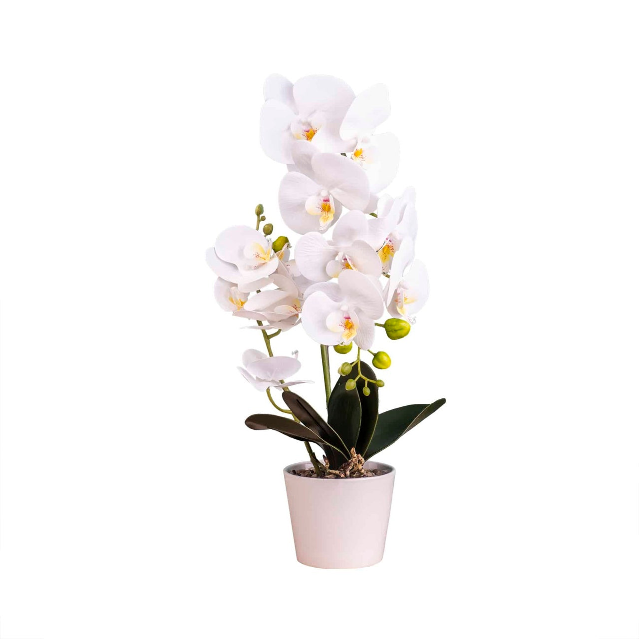 Orhidee artificiala in ghiveci ceramic alb, inaltime 47 cm, aspect natural